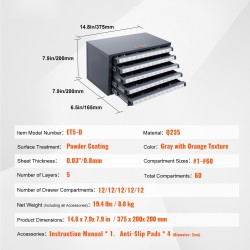 Poranteräkaappi 0,8 mm kylmävalssattu teräs 5 laatikkoa 60 lokeroa kokomerkinnöillä pinottava