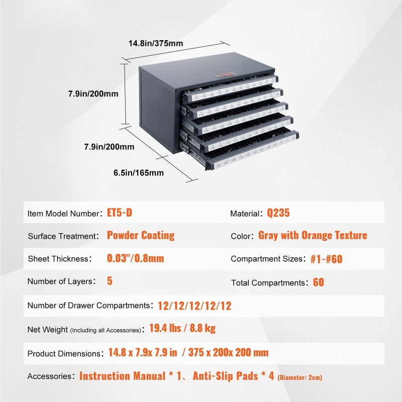 Poranteräkaappi 0,8 mm kylmävalssattu teräs 5 laatikkoa 60 lokeroa kokomerkinnöillä pinottava