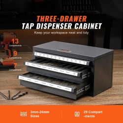 Kierretappikaappi kylmävalssattua terästä 3 laatikkoa 29 lokeroa 3–24 mm pinottava