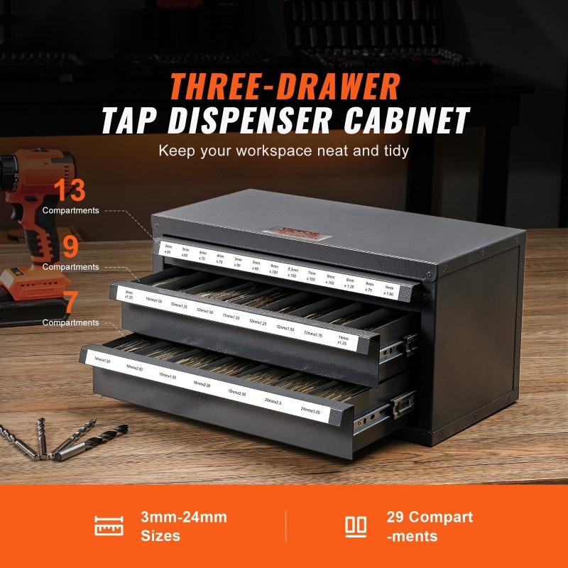 Kierretappikaappi kylmävalssattua terästä 3 laatikkoa 29 lokeroa 3–24 mm pinottava