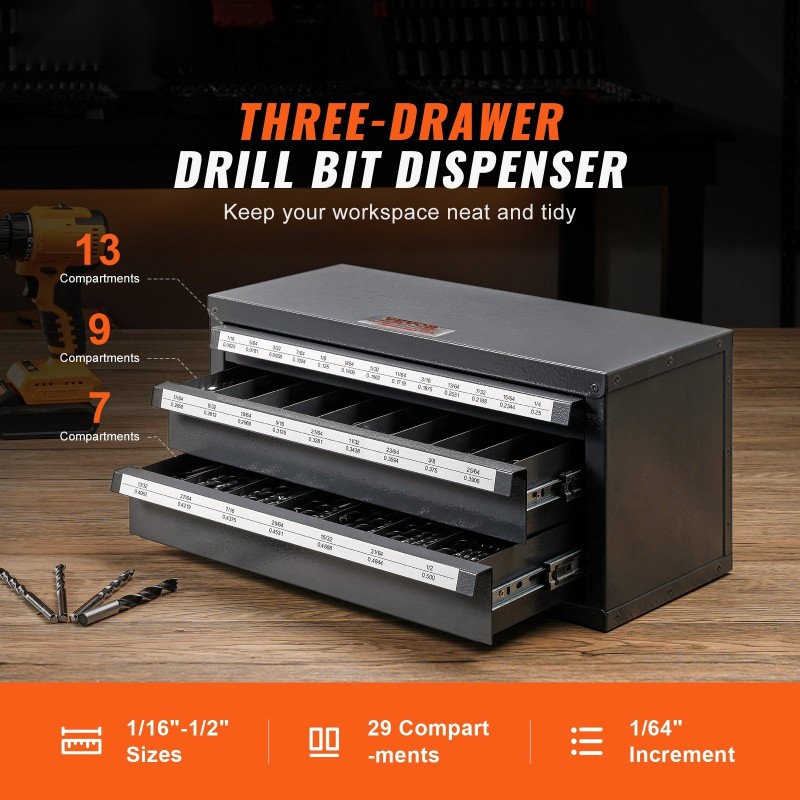 Poranteräkaappi teräs 3 vetolaatikkoa 29 lokeroa 1,59–12,7 mm pinottava