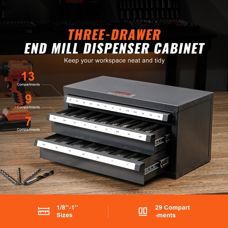 Päätyjyrsinten kolmilaatikkoinen teräskaappi 29 lokeroa 1/8–1 tuuman kokoluokalle