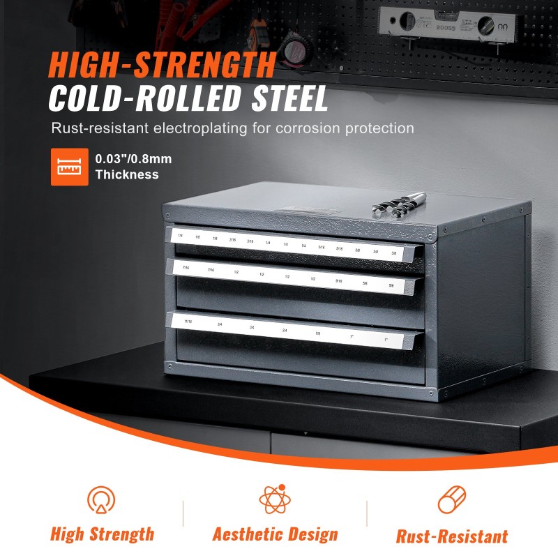 Päätyjyrsinten kolmilaatikkoinen teräskaappi 29 lokeroa 1/8–1 tuuman kokoluokalle