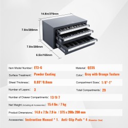 Päätyjyrsinten kolmilaatikkoinen teräskaappi 29 lokeroa 1/8–1 tuuman kokoluokalle