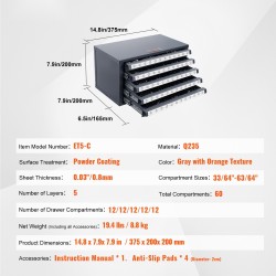 Poranteräkaappi pinoettava teräksinen 5 laatikkoa 60 lokeroa 13,1–25,4 mm