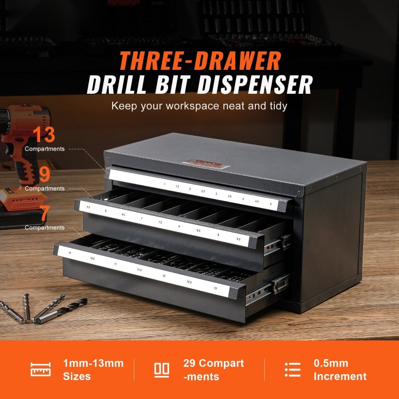 Poranteräkaappi kylmävalssattu teräs 0,8 mm 3 vetolaatikkoa 29 lokeroa 1–13 mm