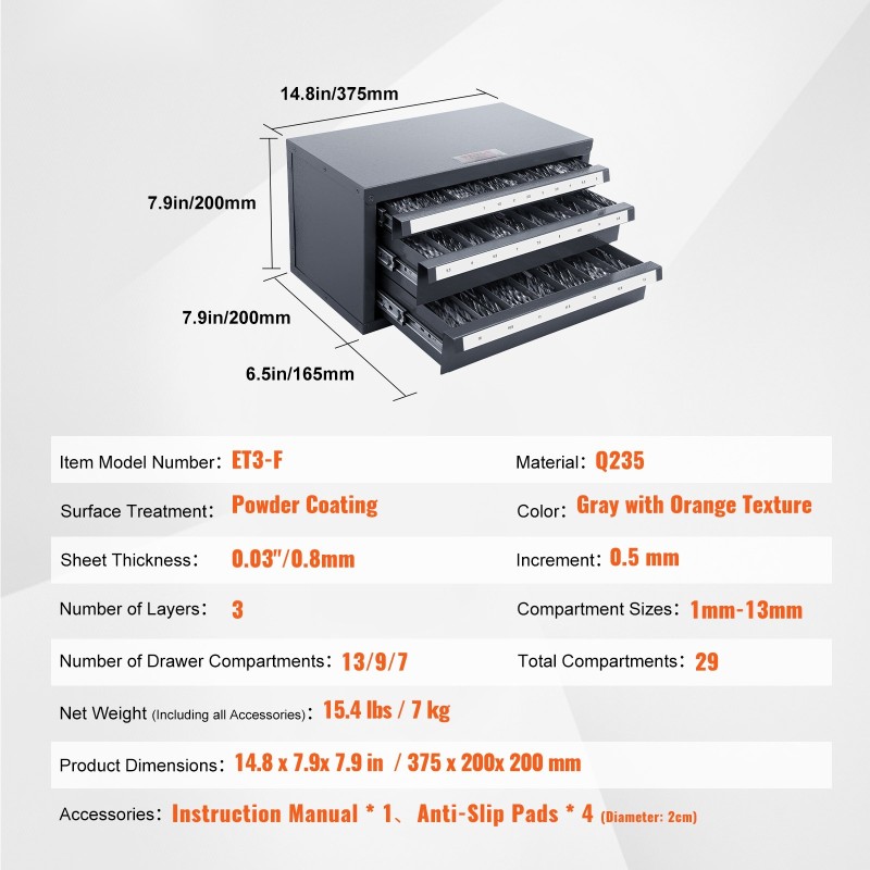 Poranteräkaappi kylmävalssattu teräs 0,8 mm 3 vetolaatikkoa 29 lokeroa 1–13 mm
