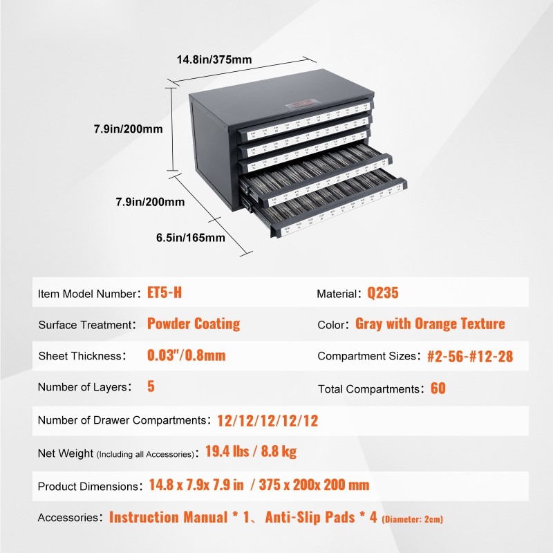Kierteitystappikaappi teräs 0,8 mm 5 vetolaatikkoa 60 lokeroa kokoluokille 2-56–12-28