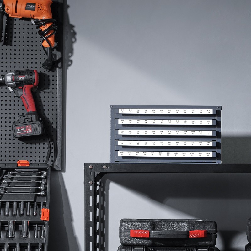 Kierteitystappikaappi teräs 0,8 mm 5 vetolaatikkoa 60 lokeroa kokoluokille 2-56–12-28