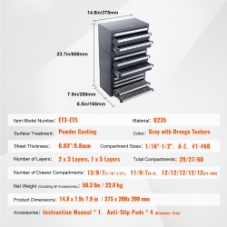 Poranterälokerikko teräs 0,8 mm 116 lokeroa koot 1/16–1/2 pinottava 3-kaappinen