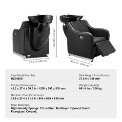 Hiustenpesutuoli keraamisella pesualtaalla sähköisellä jalkatuella ja PU-verhoilulla 300 kg kantavuus