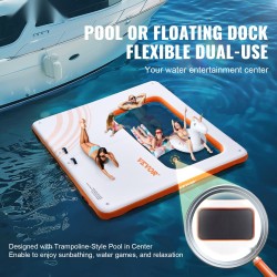 Täytettävä PVC-kelluva laituri 3,04 x 3,04 m trampoliiniverkolla ja irrotettavalla tikkaalla