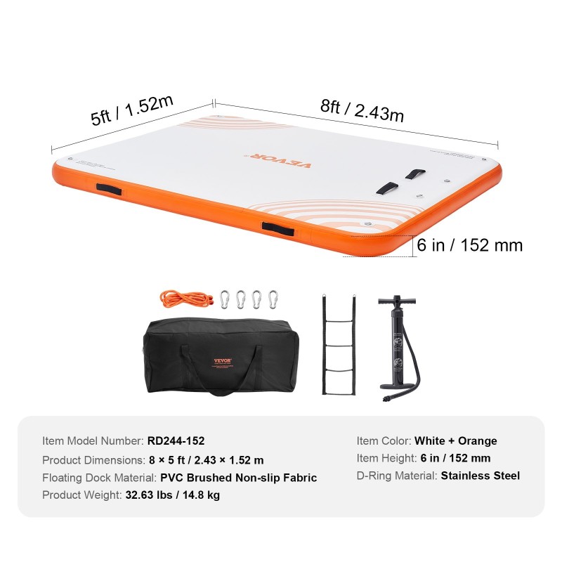 Ilmatäytteinen PVC-kelluva laiturialusta 2,43 x 1,52 m liukuestepintainen irrotettavalla tikkaalla