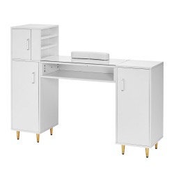 Manikyyri ja kynsipöytä karkaistulla lasikannella asetonia kestävä kolmella kaapilla rannepehmuste valkoinen