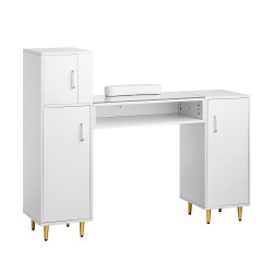 Manikyyri- ja kynsipöytä karkaistulla lasikannella asetonia kestävä kolmella kaapilla rannepehmuste valkoinen