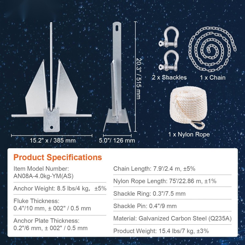 Fluke-ankkuri 4 kg kuumaupotusgalvanoitu hiiliteräs 2,4 m ketju 22,9 m köysi