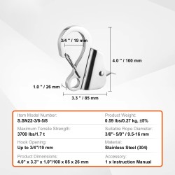 Ankkurikoukku ruostumatonta terästä 1,7 tonnin vetolujuus solmuton lukitus 9,5–16 mm köydelle