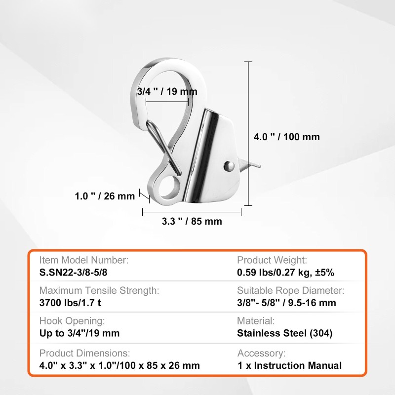 Ankkurikoukku ruostumatonta terästä 1,7 tonnin vetolujuus solmuton lukitus 9,5–16 mm köydelle