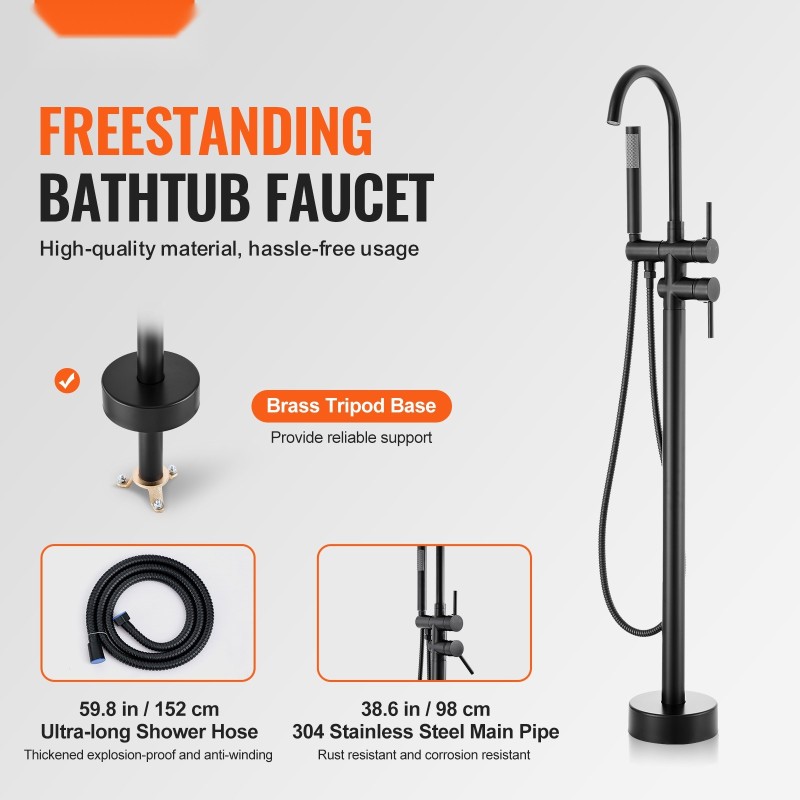 Lattia-asennettava vapaasti seisova ammeen hana messinkirunko mattamusta 360-asteinen juoksuputki käsisuihku kaksi vesitilaa