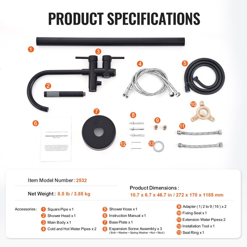 Lattia-asennettava vapaasti seisova ammeen hana messinkirunko mattamusta 360-asteinen juoksuputki käsisuihku kaksi vesitilaa