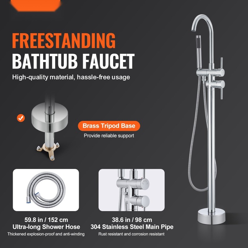 Lattialla seisova messinkirunkoinen kylpyammehana kaksitoimisella ruostumattomalla käsisuihkulla täysin kääntyvällä