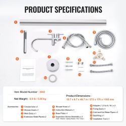 Lattialla seisova messinkirunkoinen kylpyammehana kaksitoimisella ruostumattomalla käsisuihkulla täysin kääntyvällä