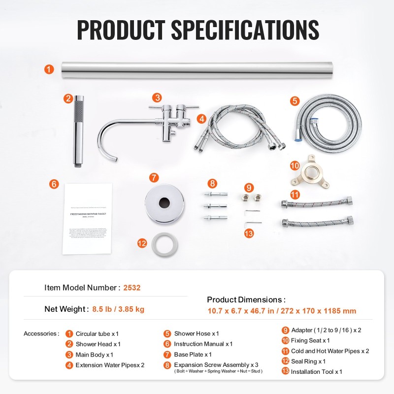Lattialla seisova messinkirunkoinen kylpyammehana kaksitoimisella ruostumattomalla käsisuihkulla täysin kääntyvällä