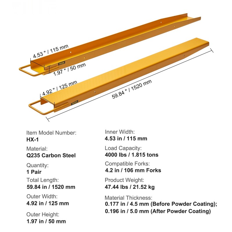 Lavahaarukan jatkeet jauhemaalattu hiiliteräs 1520 mm 1 pari 1815 kg