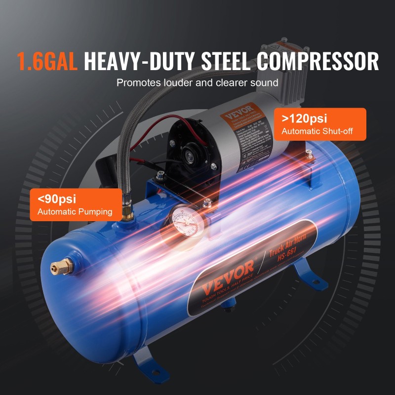 Paineilmaäänitorvisarja neljällä torvella kaksitoista volttia kuuden litran säiliöllä ruostumattomista materiaaleista