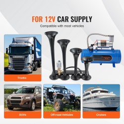 Paineilmaäänitorvisarja neljällä torvella kaksitoista volttia kuuden litran säiliöllä ruostumattomista materiaaleista