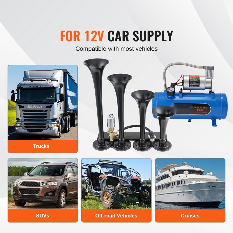 Paineilmaäänitorvisarja neljällä torvella kaksitoista volttia kuuden litran säiliöllä ruostumattomista materiaaleista