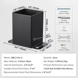 Pylväspohjat hiiliteräs 101.6x101.6 mm 4 kpl mattamusta pulverimaalattu sopii 91x91 mm pylväille