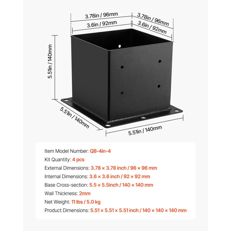 Pylväspohja hiiliteräs sisämitta 92 x 92 mm 4 kpl musta pergola terassikaiteisiin