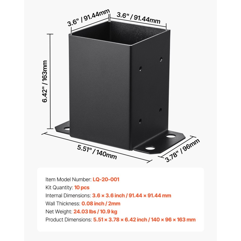 Pilarinjalustasarja hiiliteräs 91x91 mm 4x4-puupilareille 10 kpl musta