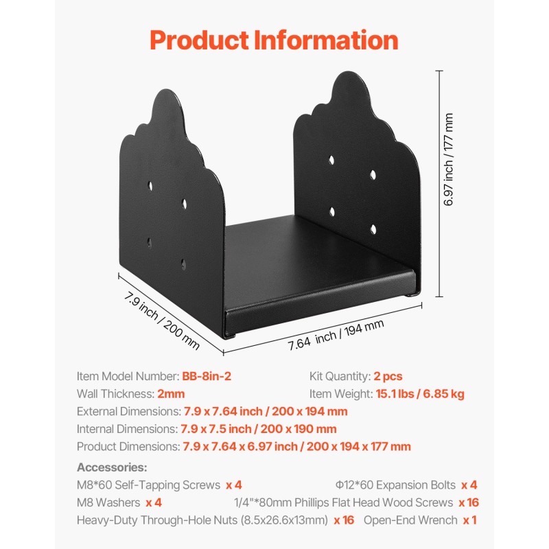 Pylväskannake puupylväille hiiliterästä pulverimaalattu sisämitta 200x190 mm 2 kpl