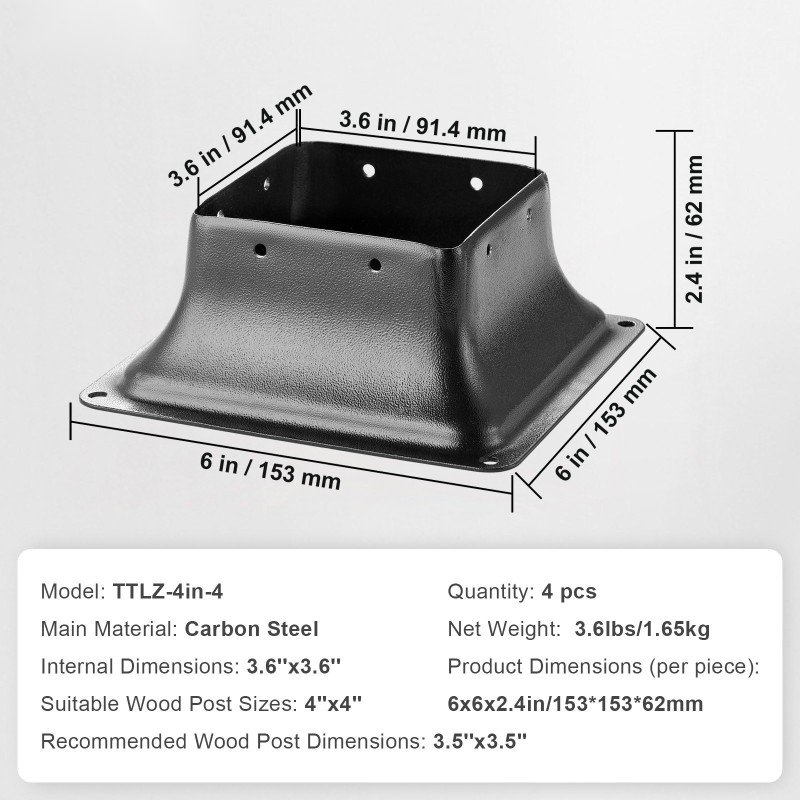 Tolppajalusta 101,6x101,6 mm jauhemaalattu hiiliteräs 4 kpl sopii 91x91 mm pylväälle