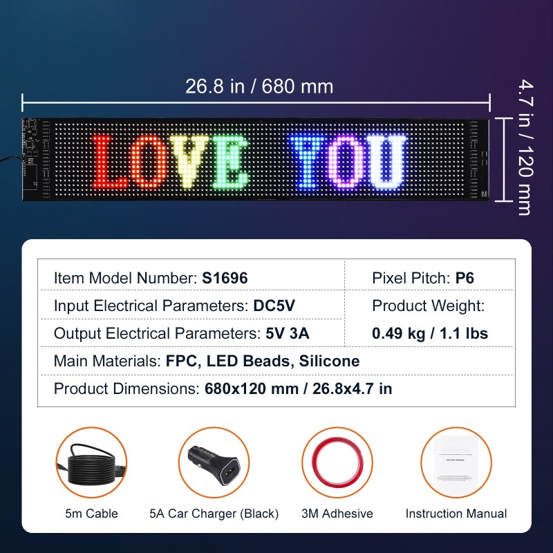 LED-näyttö ohjelmoitava täysvärinen vierivä P6 68x12 cm Bluetooth-sovellusohjaus