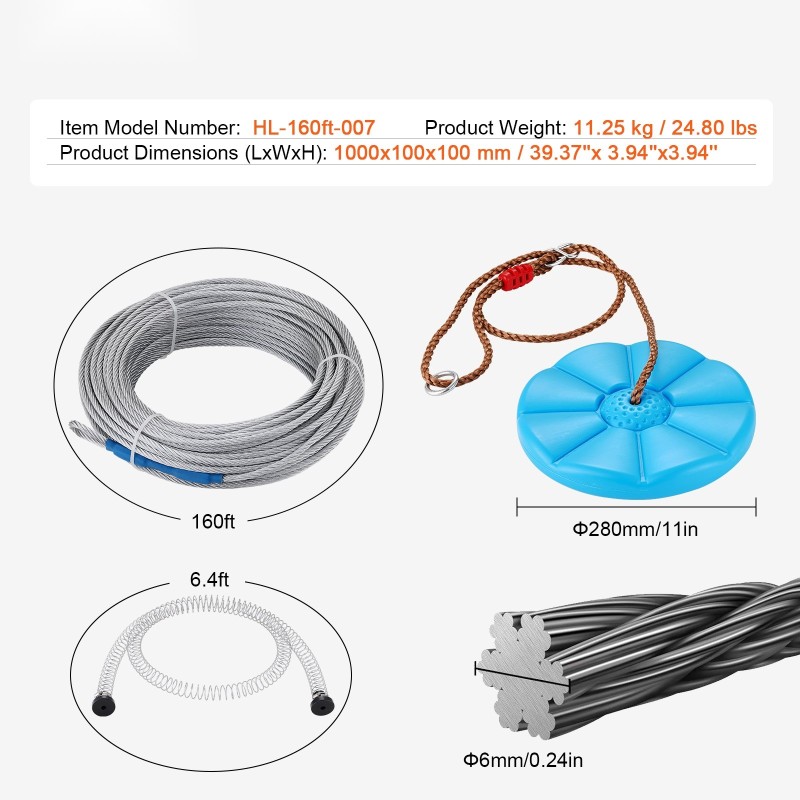Vaijerirata ulkokäyttöön ruostumaton teräsvaijeri 48,77 m enintään 226,8 kg istuin turvavaljaat