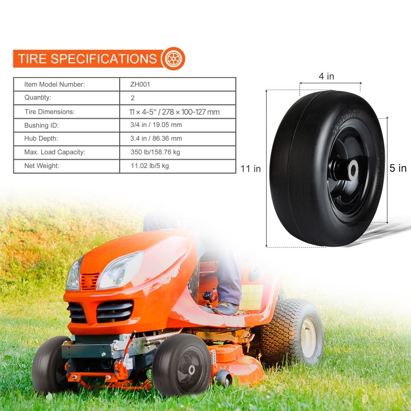 Ruohonleikkurin täytettömät PU-renkaat 11x4-7 tuumaa 2 kpl teräsvanteella