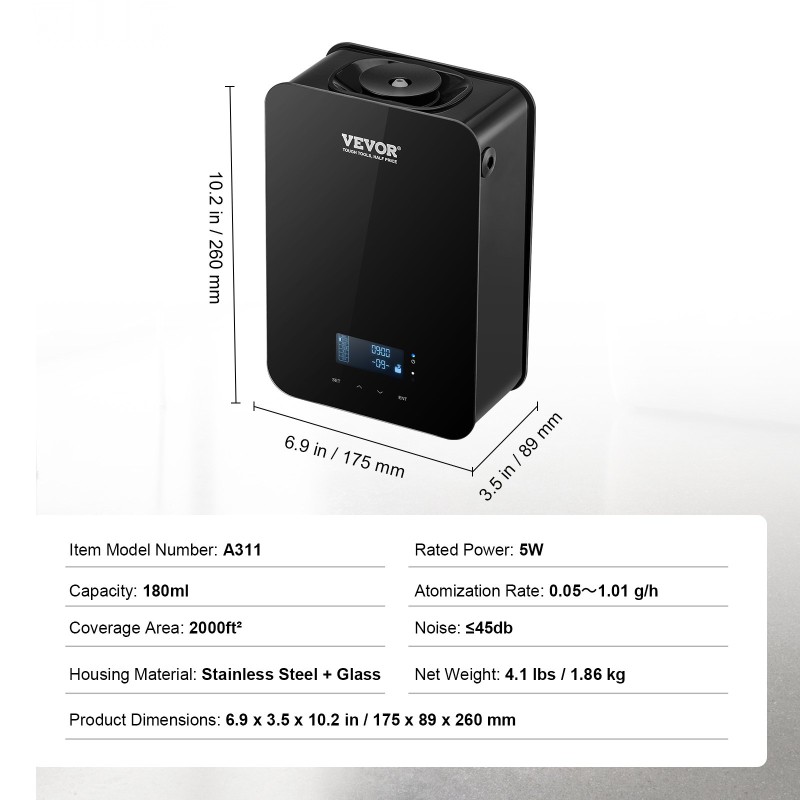 Tuoksudiffuuseri ilmanvaihtoon 180 ml kylmäsumutus langaton ohjaus vesivapaa ruostumatonta terästä ja lasia