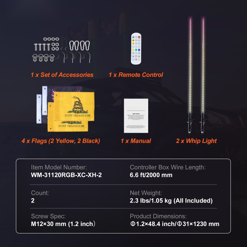 LED-mastonvalot 2 kpl 1230 mm RGB IP67 Bluetooth-sovellus RF-kaukosäädin