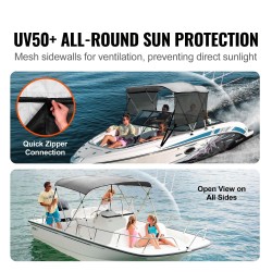 Bimini venekuomu 3 kaarta 600D polyesterikangas alumiiniseosrunko 1550–1670 mm vaaleanharmaa