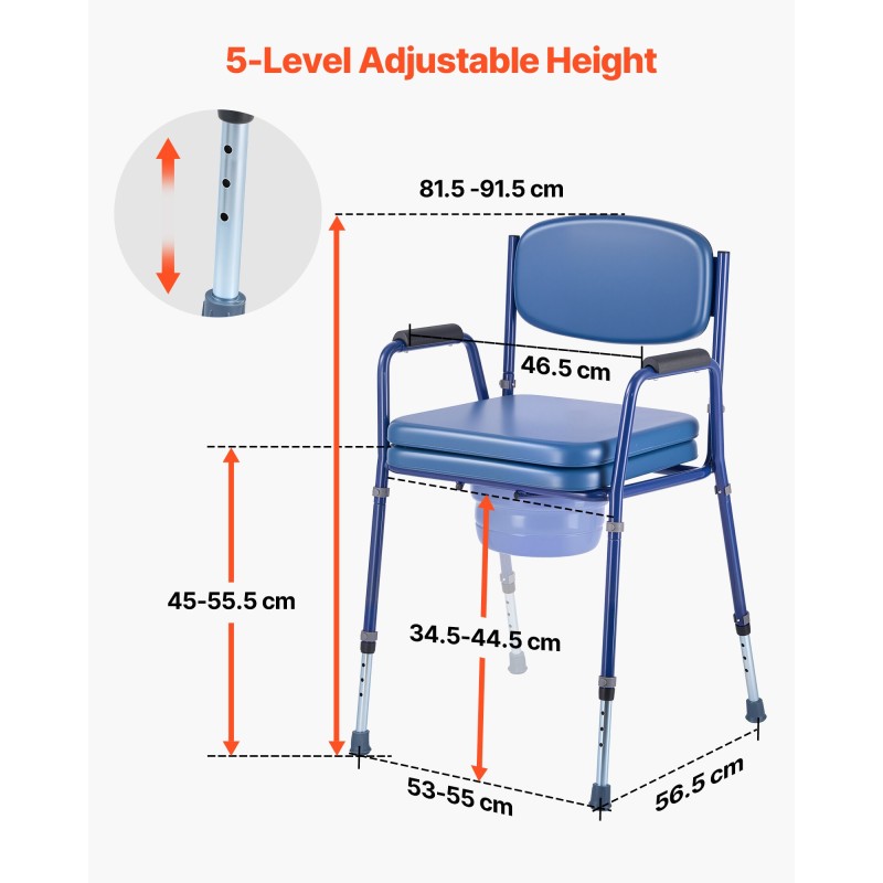 Yöpöytävessa kolmitoiminen säädettävä korkeus 181 kg kantavuus pehmustettu istuin ja selkänoja