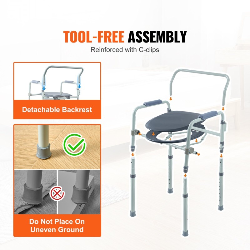 Wc-tuoli teräs pehmustettu istuin 7-portainen korkeussäätö irrotettava 5,8 l ämpäri 158,8 kg