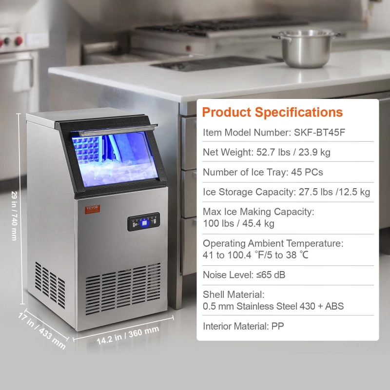 Vapaasti seisova jääpalakone ruostumatonta terästä 45,4 kg vuorokaudessa 12,5 kg varasto