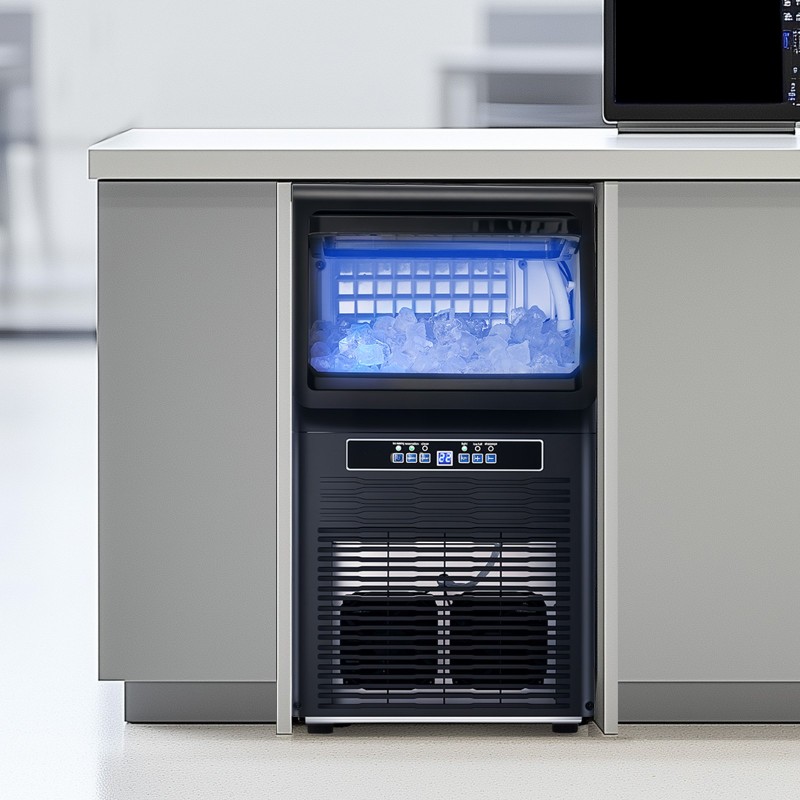 Kaupallinen jääpalakone vapaasti seisova kaappimalli 32 kg vuorokaudessa 36 lokeroa ruostumaton teräs