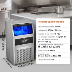Jääpalakone ruostumatonta terästä 36 kg vuorokaudessa 11 kg säiliö 40 muottia