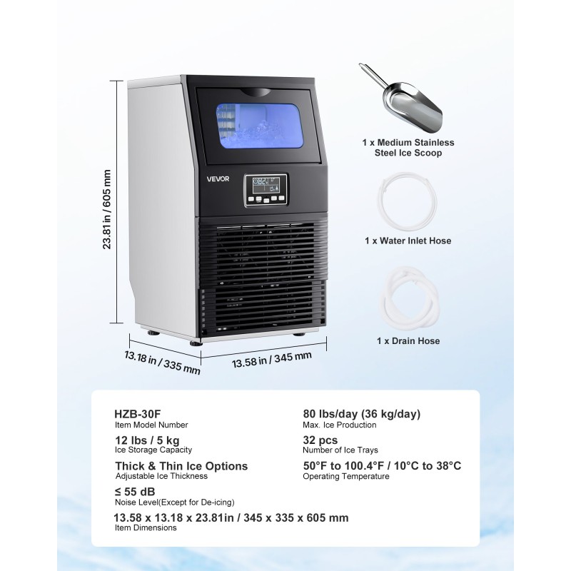 Jääpalakone ruostumaton teräs 36 kg/vrk 5,44 kg säiliö 32 jääpalaa LED näyttö
