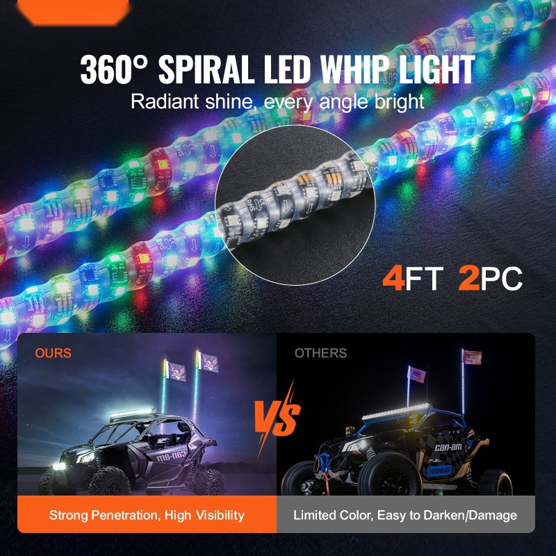 LED-whip-valot 2 kpl 121,9 cm RGB 360 asteen spiraali IP67