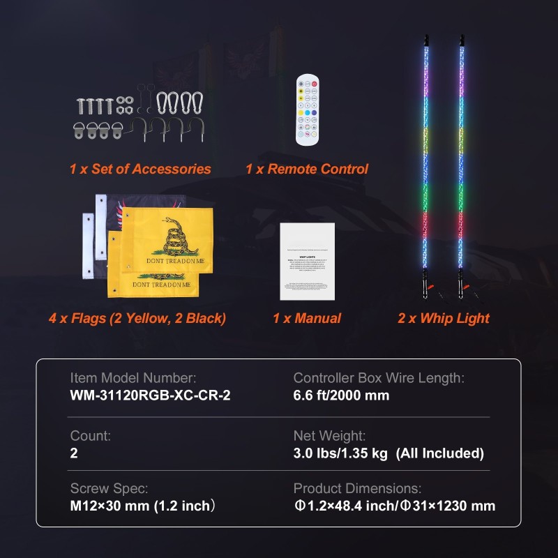 LED-whip-valot 2 kpl 121,9 cm RGB 360 asteen spiraali IP67